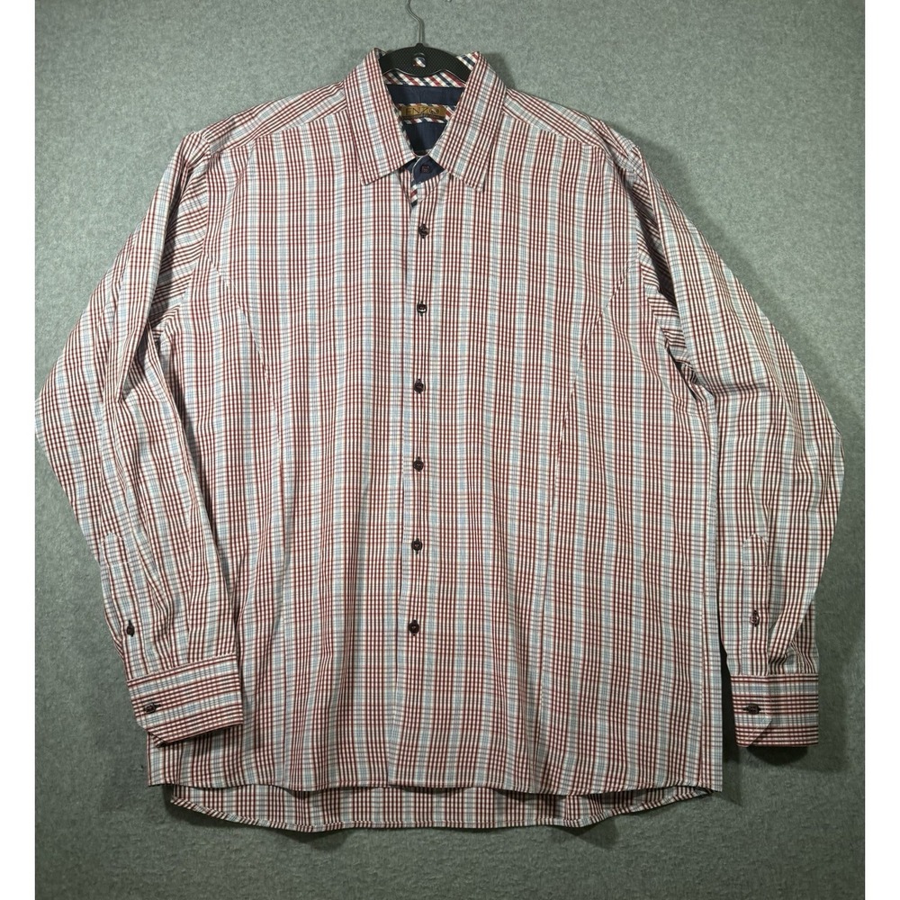 ENZO Tovari Italy Men's Red Blue Plaid Long Sleeve Button Up Shirt Size XL